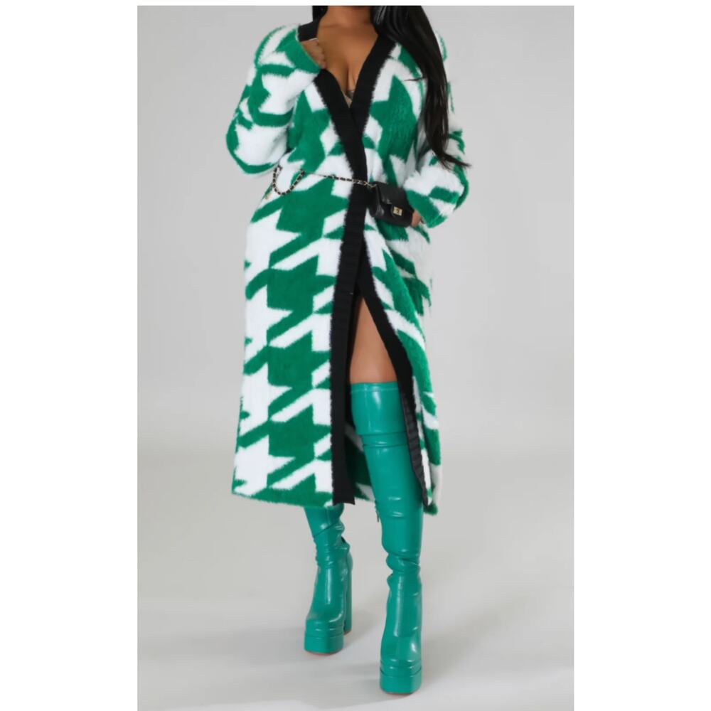 Rehab Lab Women’s Big Houndstooth Fluffy Open Cardigan Green Size M NWOT